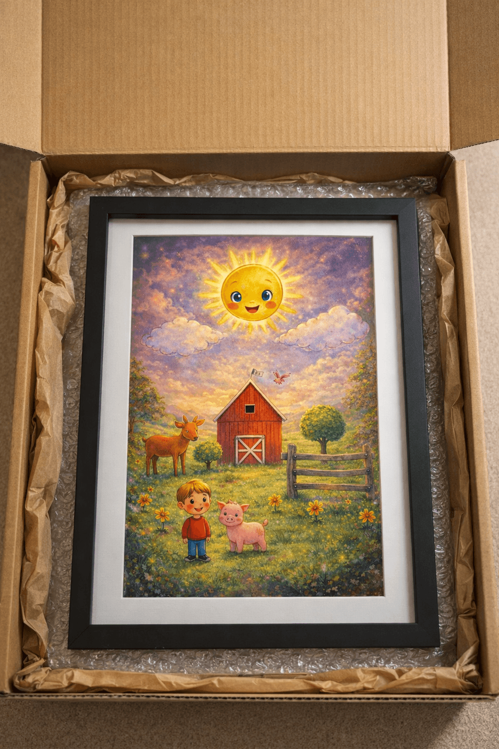 Child unboxing their transformed artwork